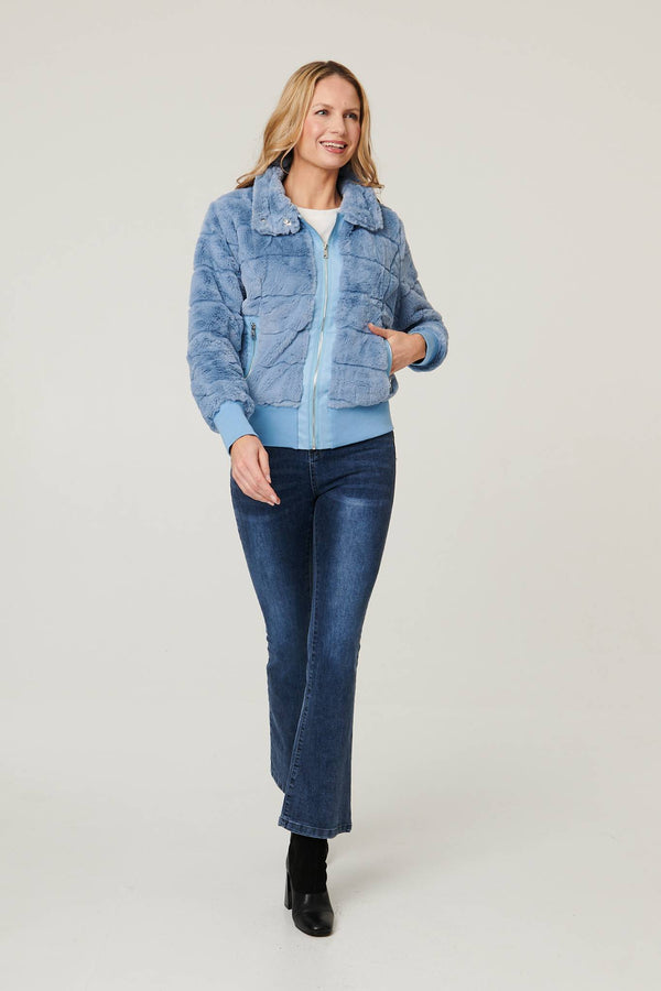 Blue | Faux Fur Zip Front Jacket