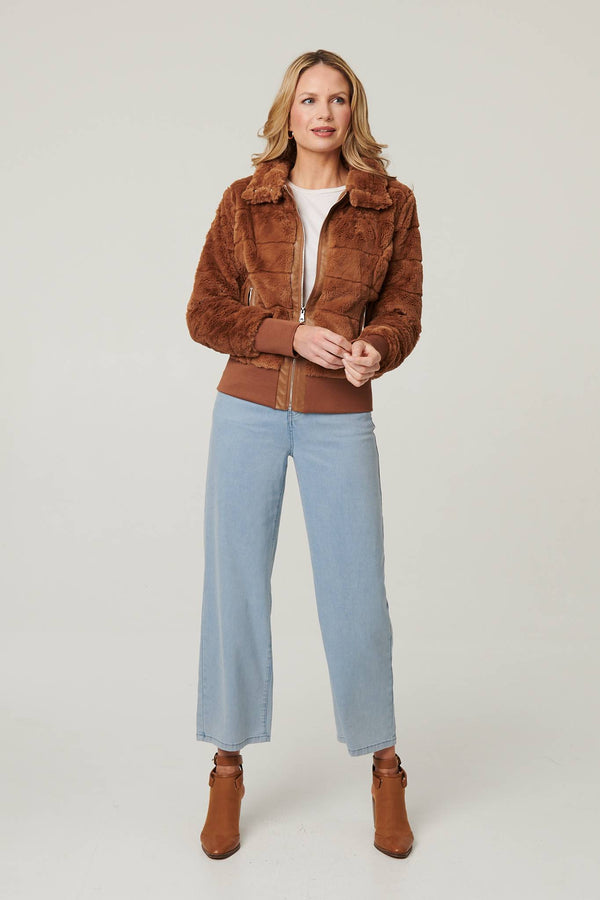 Brown | Faux Fur Zip Front Jacket