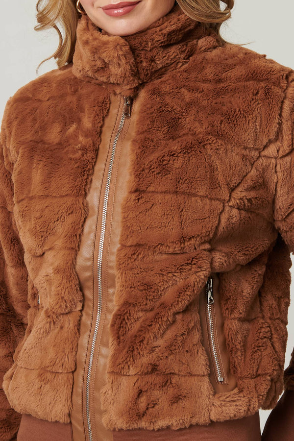 Brown | Faux Fur Zip Front Jacket