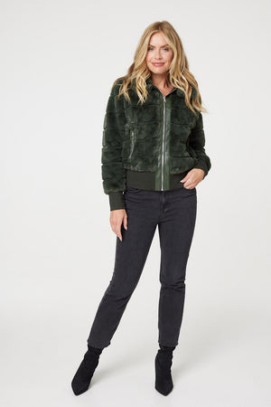 Khaki | Faux Fur Zip Front Jacket