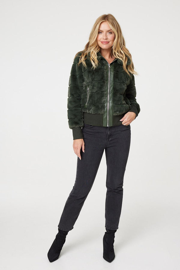 Khaki | Faux Fur Zip Front Jacket