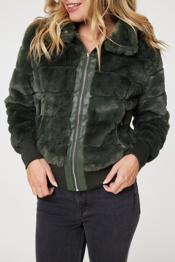 Khaki | Faux Fur Zip Front Jacket