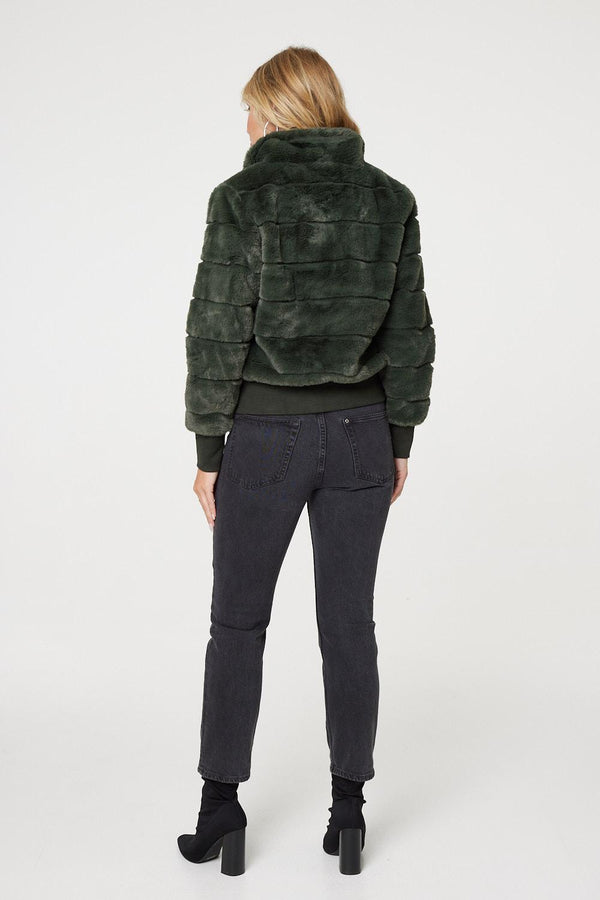 Khaki | Faux Fur Zip Front Jacket