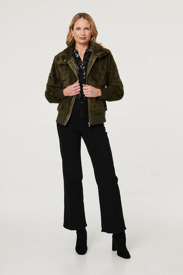 Olive | Faux Fur Zip Front Jacket