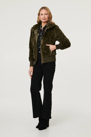 Olive | Faux Fur Zip Front Jacket