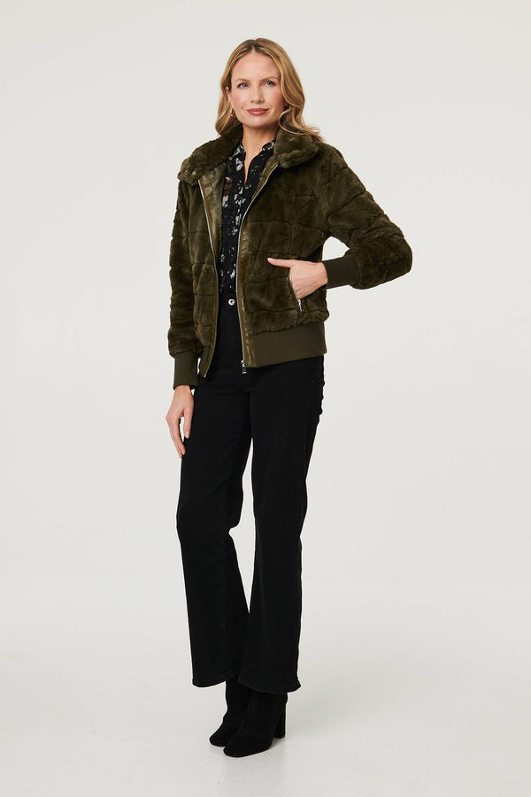 Olive | Faux Fur Zip Front Jacket