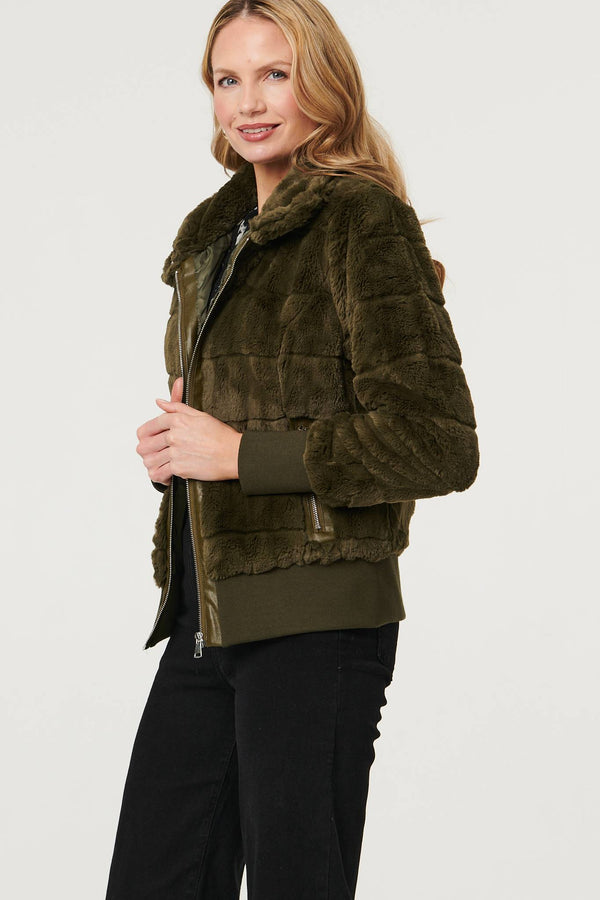 Olive | Faux Fur Zip Front Jacket