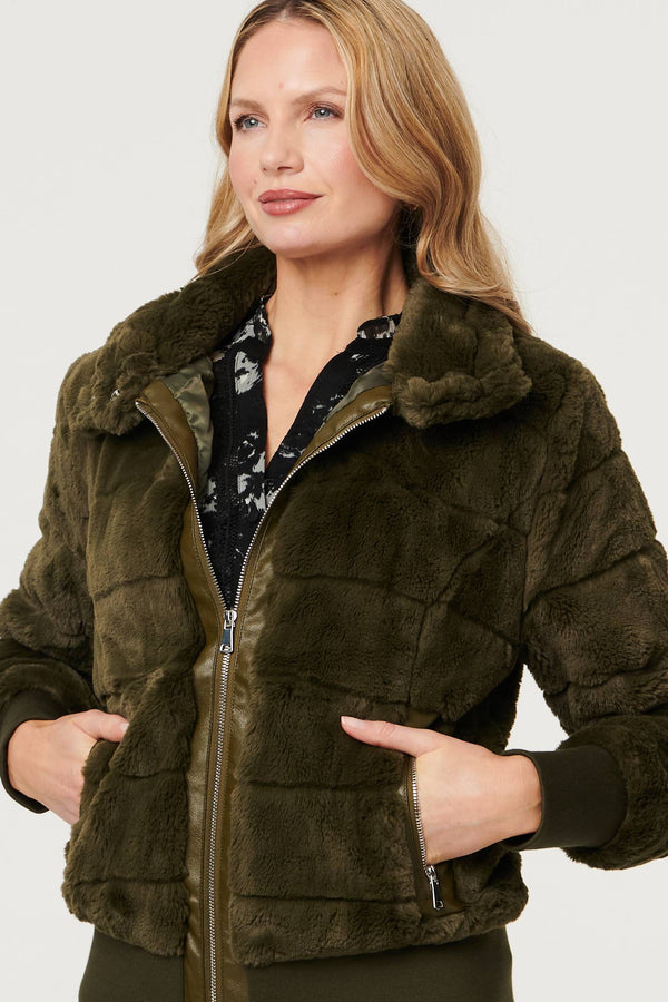 Olive | Faux Fur Zip Front Jacket