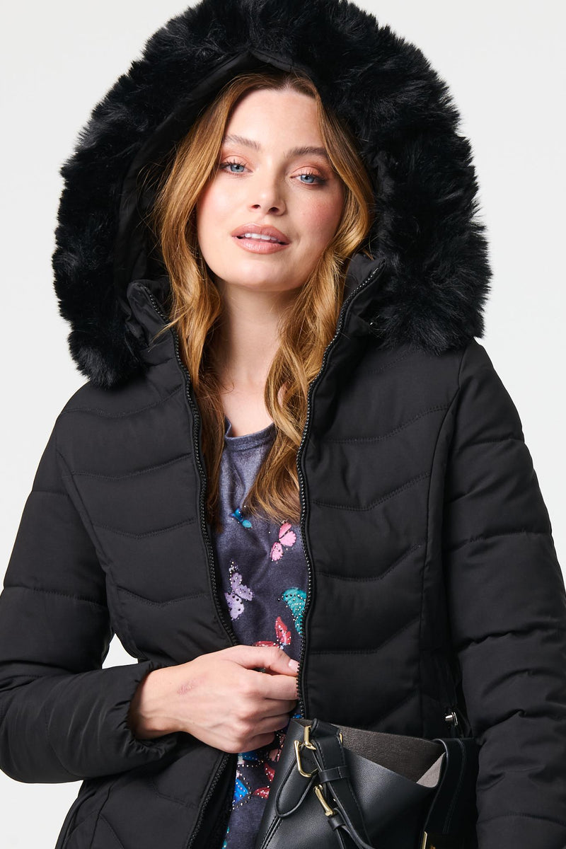 Black faux fur hood long sleeve padded jacket hotsell