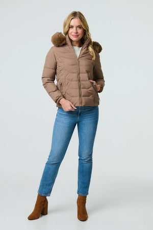 Brown | Faux Fur Hooded Zip-Up Puffer Jacket
