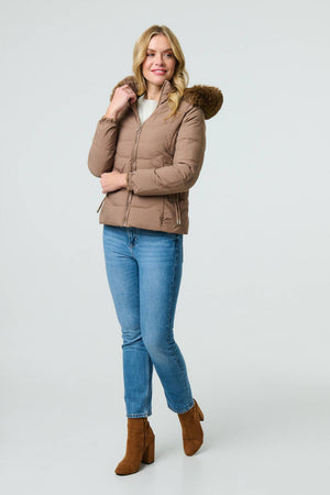 Brown | Faux Fur Hooded Zip-Up Puffer Jacket
