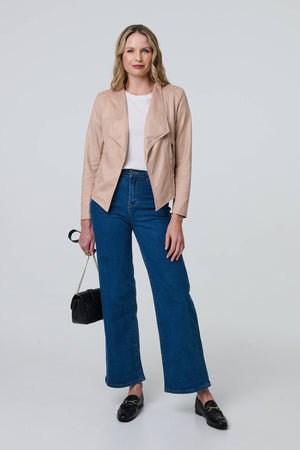 Pink | Faux Leather Waterfall Front Crop Jacket
