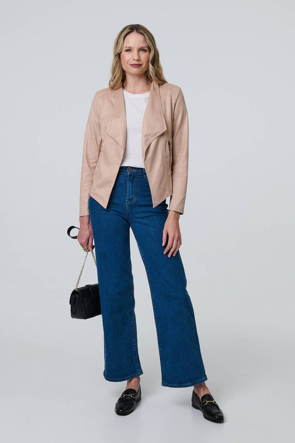 Pink | Faux Leather Waterfall Front Crop Jacket
