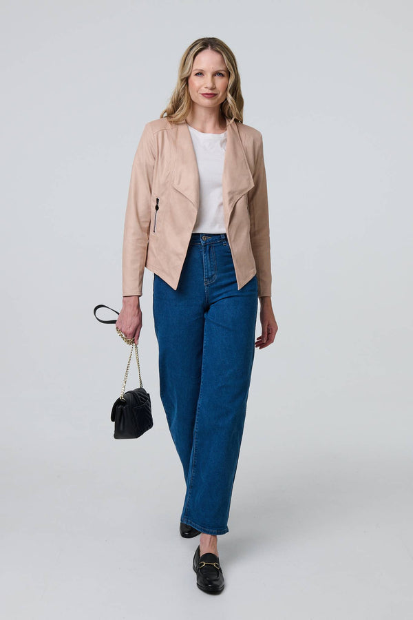 Pink | Faux Leather Waterfall Front Crop Jacket
