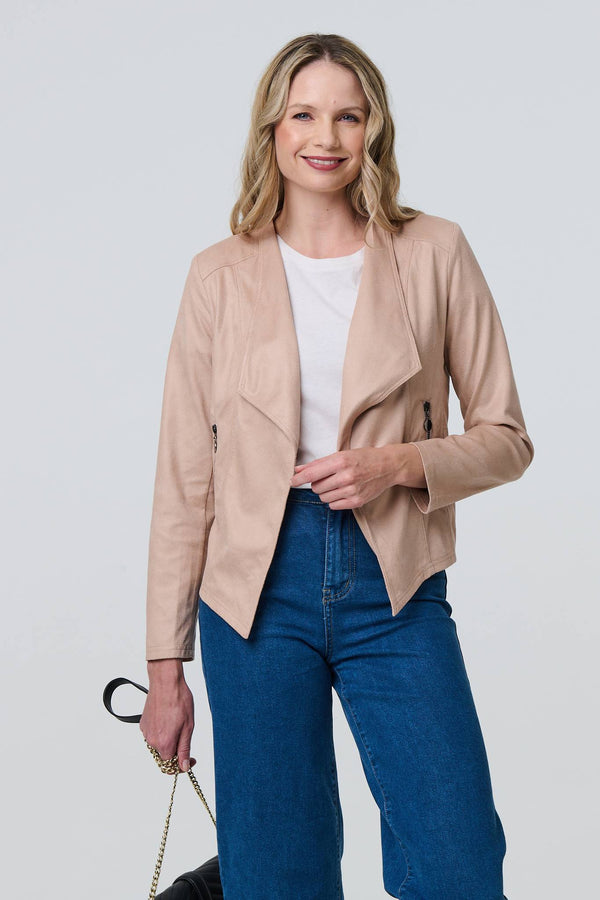 Pink | Faux Leather Waterfall Front Crop Jacket
