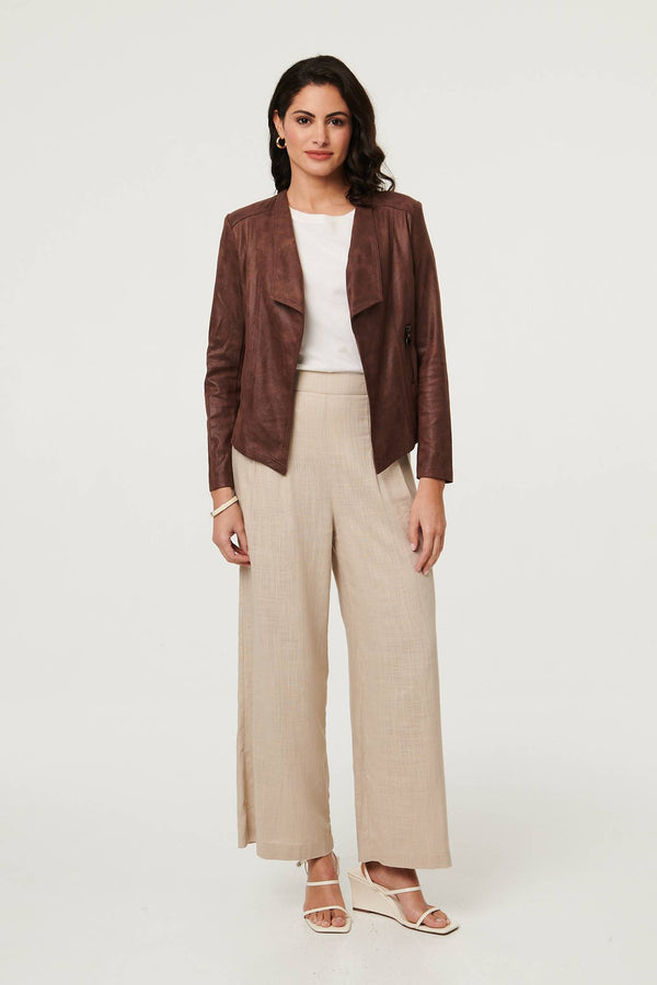 Brown | Faux Leather Waterfall Front Crop Jacket