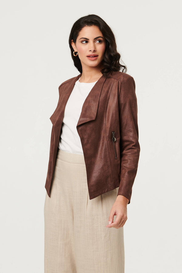 Brown | Faux Leather Waterfall Front Crop Jacket