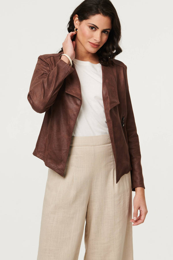 Brown | Faux Leather Waterfall Front Crop Jacket