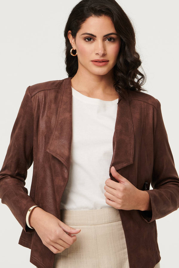 Brown | Faux Leather Waterfall Front Crop Jacket