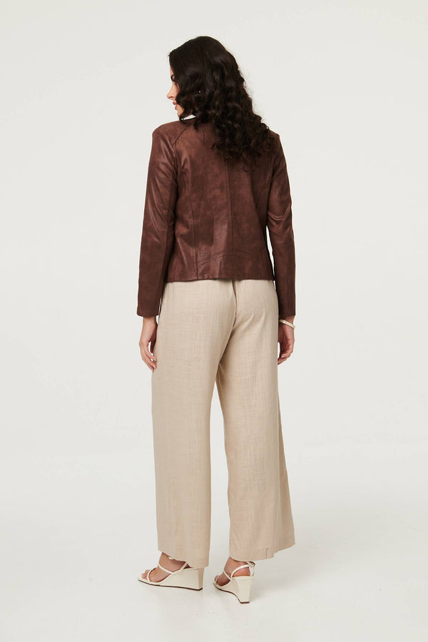 Brown | Faux Leather Waterfall Front Crop Jacket
