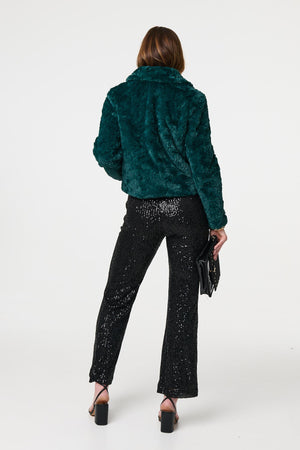 Green | Faux Fur Cropped Long Sleeve Jacket
