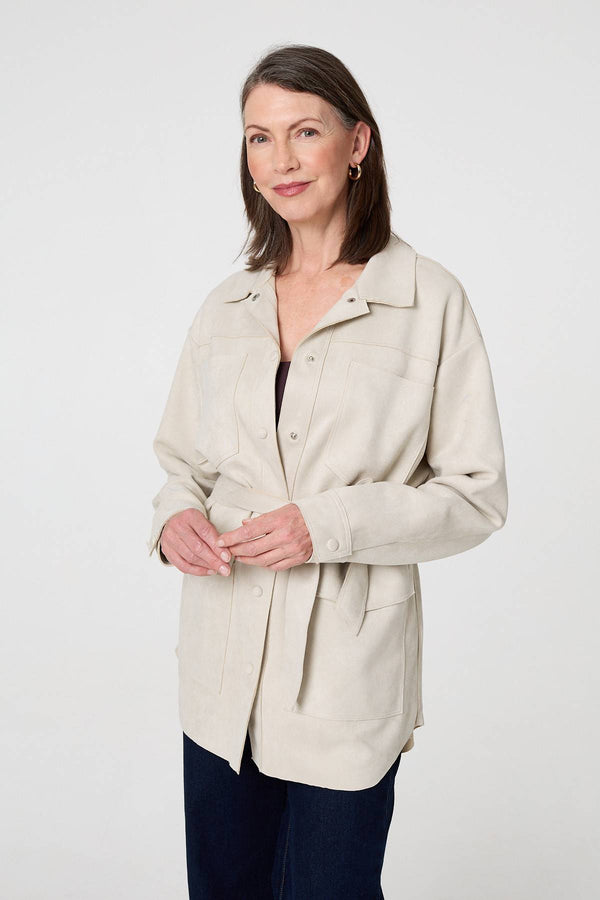 Beige | Faux Suede Tie Waist Relaxed Shacket
