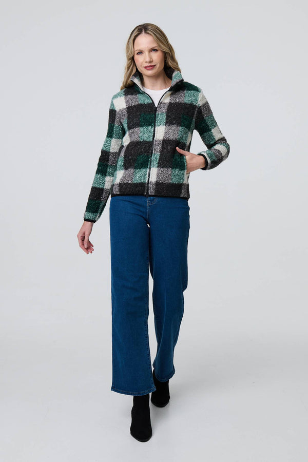 Green | Checked Zip Front Boxy Teddy Jacket
