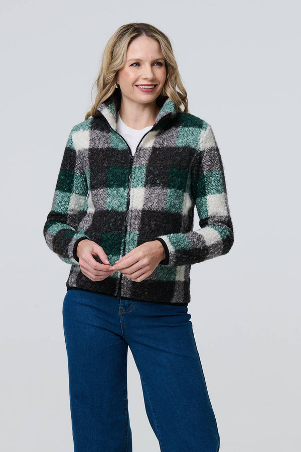 Green | Checked Zip Front Boxy Teddy Jacket
