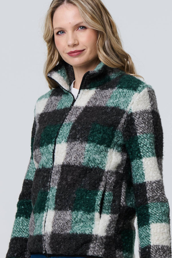Green | Checked Zip Front Boxy Teddy Jacket
