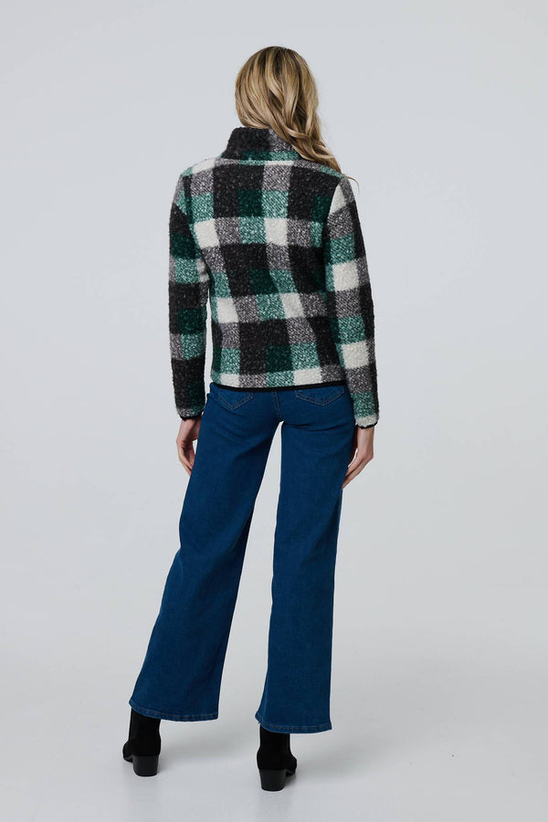 Green | Checked Zip Front Boxy Teddy Jacket
