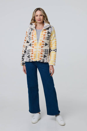 Cream | Aztec Print Relaxed Teddy Fur Jacket
