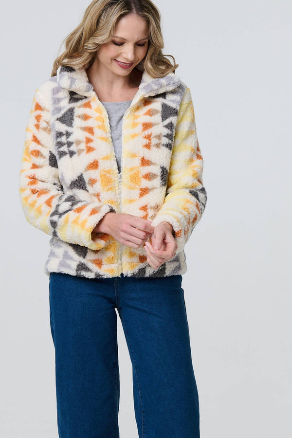 Cream | Aztec Print Relaxed Teddy Fur Jacket
