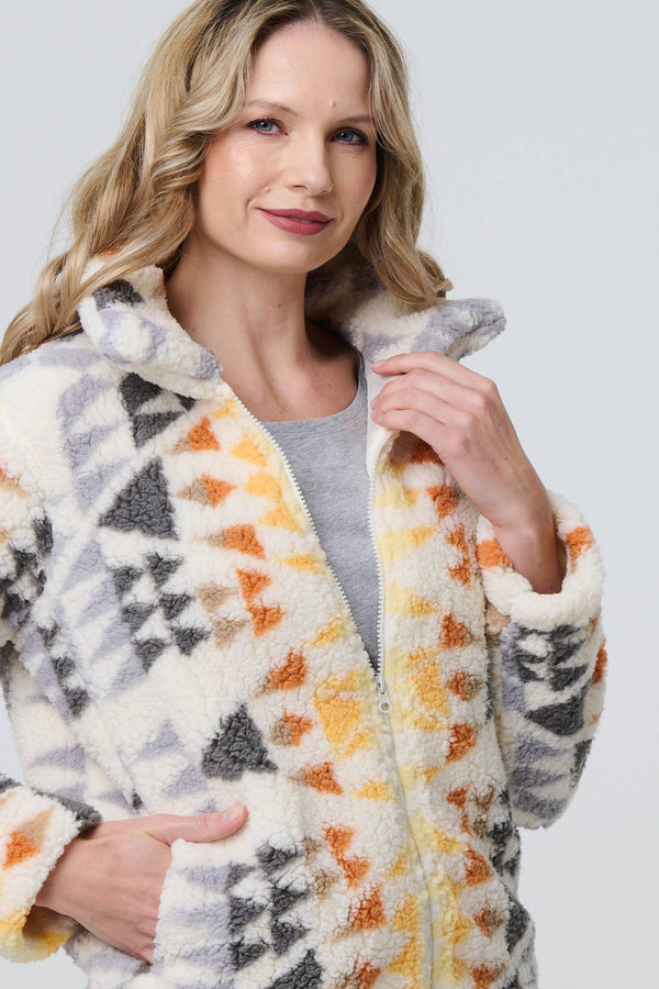 Cream | Aztec Print Relaxed Teddy Fur Jacket
