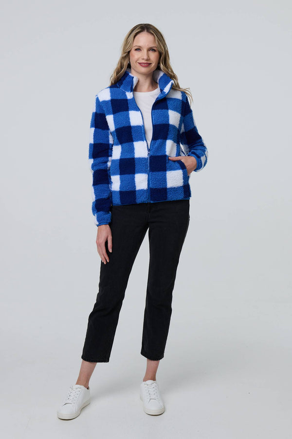 Blue | Checked Print Teddy Fur Zip Front Jacket

