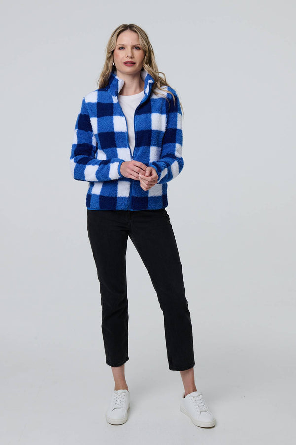 Blue | Checked Print Teddy Fur Zip Front Jacket
