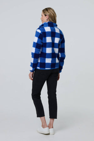 Blue | Checked Print Teddy Fur Zip Front Jacket
