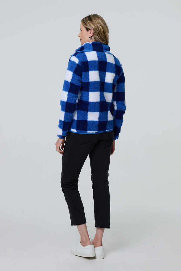 Blue | Checked Print Teddy Fur Zip Front Jacket

