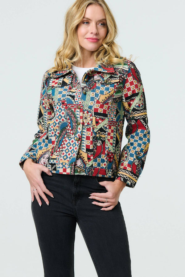 Red | Abstract Print Cropped Collared Jacket

