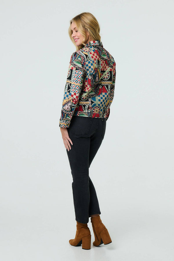 Red | Abstract Print Cropped Collared Jacket
