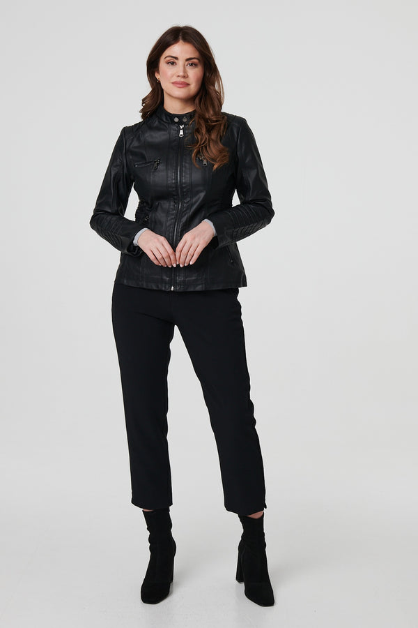 Black | Faux Leather High Neck Zip Front Jacket
