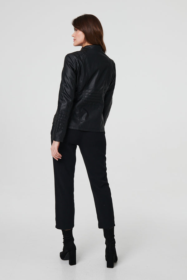 Black | Faux Leather High Neck Zip Front Jacket
