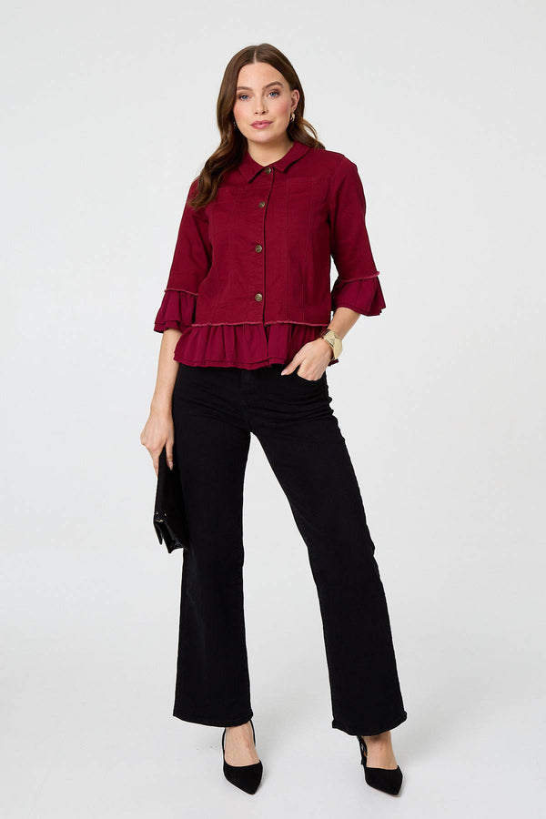 Burgundy | Frilled Hem 3/4 Flare Sleeve Shirt