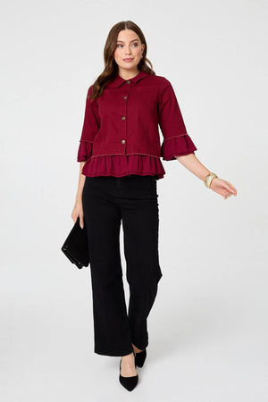 Burgundy | Frilled Hem 3/4 Flare Sleeve Shirt