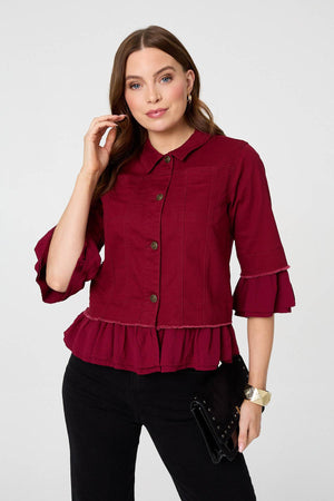 Burgundy | Frilled Hem 3/4 Flare Sleeve Shirt : Model is 5'9