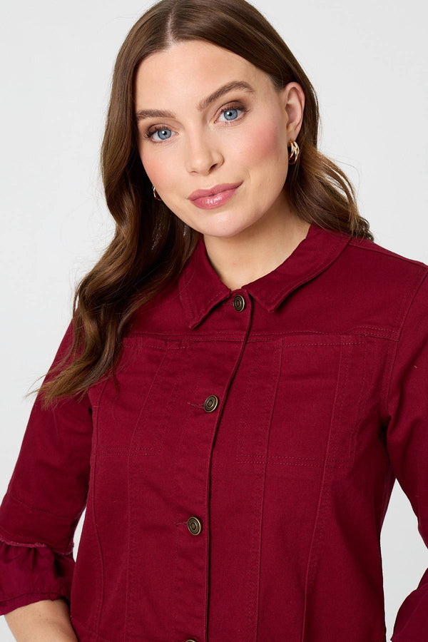 Burgundy | Frilled Hem 3/4 Flare Sleeve Shirt