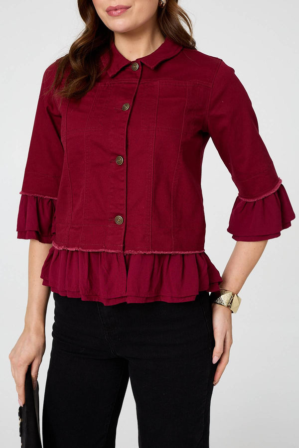 Burgundy | Frilled Hem 3/4 Flare Sleeve Shirt