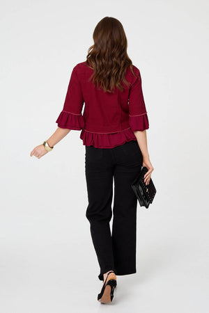 Burgundy | Frilled Hem 3/4 Flare Sleeve Shirt