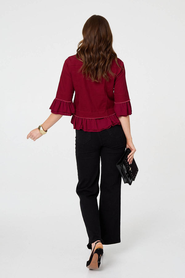 Burgundy | Frilled Hem 3/4 Flare Sleeve Shirt