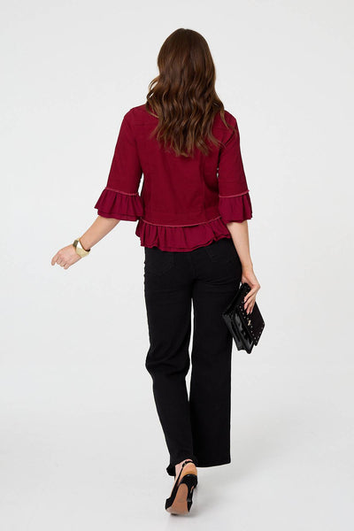 Burgundy | Frilled Hem 3/4 Flare Sleeve Shirt