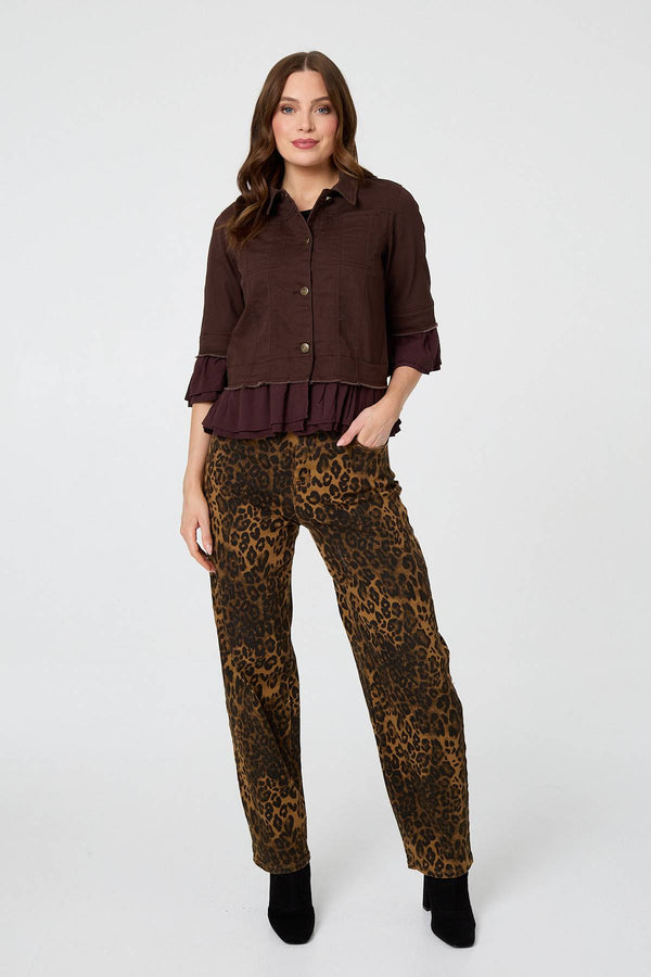 Brown | Frilled Hem 3/4 Flare Sleeve Shirt